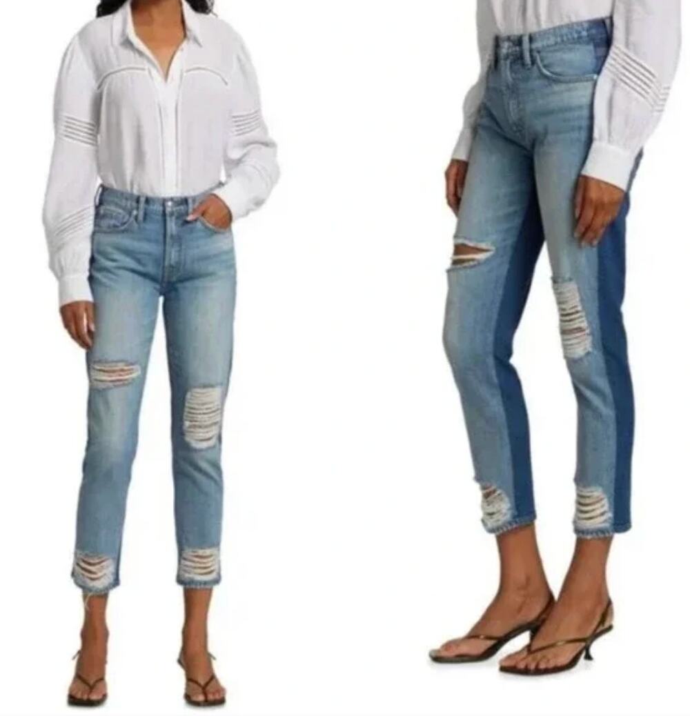 7 For All Mankind Two Tone Straight Leg Jeans Womens 26 Seaward Blue Distressed